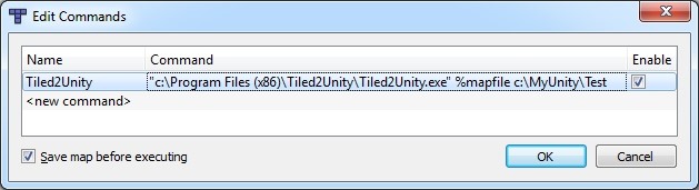 Setting Tiled2Unity command in Tiled Setting Tiled2Unity command in Tiled